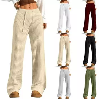 Женские модные повседневные широкие удобные эластичные брюки с завязками на высокой талии в полоску прямого кроя L армия зеленый