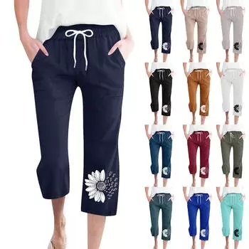Женские модные повседневные свободные брюки с принтом, хлопковые льняные брюки с карманами 7/10