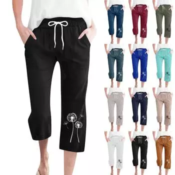 Женские модные повседневные свободные брюки с принтом, хлопковые льняные брюки с карманами 7/10