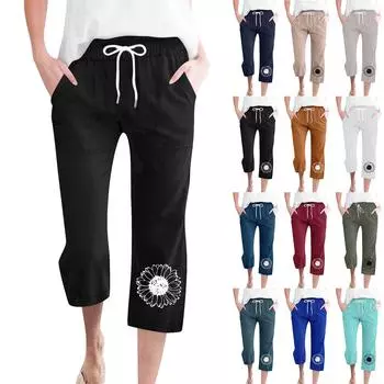 Женские модные повседневные свободные брюки с принтом, хлопковые льняные брюки с карманами 7/10