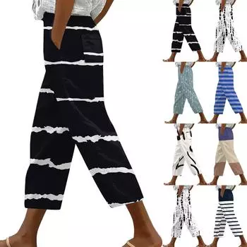 Женские модные повседневные свободные брюки-шаровары с высокой талией, узкие брюки с карманами и завязками в полоску с принтом, девятиминутные брюки