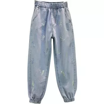 Женские модные повседневные свободные джинсы с эластичной резинкой на талии XXXXXL светло-синий