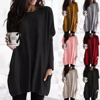 Женские модные повседневные свободные хлопковые топы с длинными рукавами и карманами L розовый