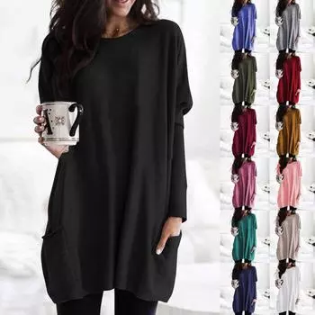 Женские модные повседневные свободные хлопковые топы с длинными рукавами и карманами S