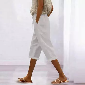 Женские модные повседневные свободные однотонные брюки из хлопка и льна со шнурком 7/10 L бежевый