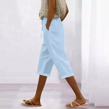 Женские модные повседневные свободные однотонные брюки из хлопка и льна со шнурком 7/10 XXXL