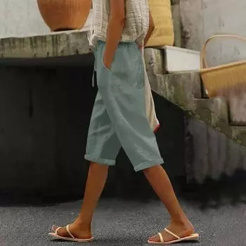 Женские модные повседневные свободные однотонные брюки спереди и сзади с карманами 7/10 Брюки L армия зеленый