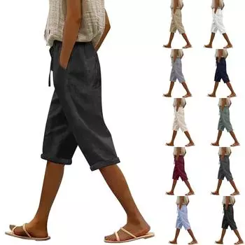 Женские модные повседневные свободные однотонные брюки спереди и сзади с карманами 7/10 Брюки L армия зеленый