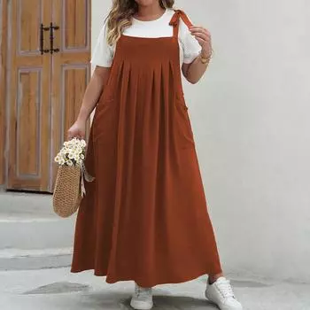 Женские модные повседневные свободные однотонные платья без рукавов большого размера XL коричневый