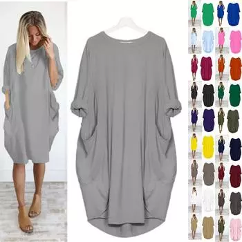 Женские модные повседневные свободные однотонные платья с длинными рукавами и карманами S чёрный