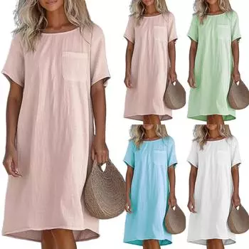 Женские модные повседневные свободные однотонные платья с круглым вырезом и коротким рукавом из хлопка и льна XL