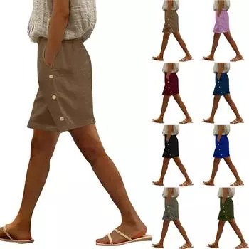 Женские модные повседневные свободные однотонные шорты из хлопка и льна с боковыми карманами на пуговицах и средней талией L армия зеленый