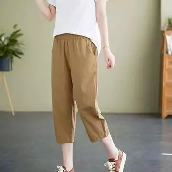 Женские модные повседневные свободные однотонные тонкие хлопковые льняные брюки с высокой талией 7/10 M хаки