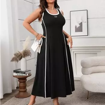 Женские модные повседневные свободные платья большого размера с цветными блоками и круглым вырезом на талии XXL чёрный