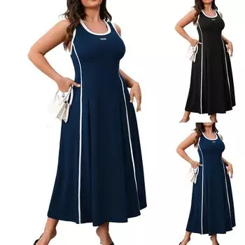 Женские модные повседневные свободные платья большого размера с цветными блоками и круглым вырезом на талии XXXL чёрный