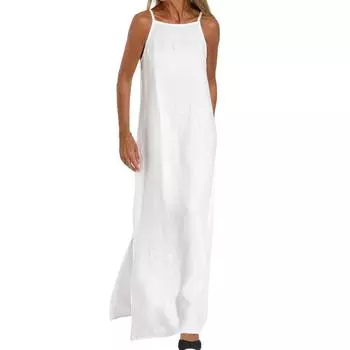 Женские модные повседневные свободные платья из хлопка и льна с разрезом без рукавов S белый
