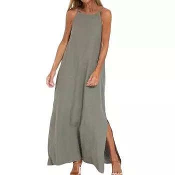 Женские модные повседневные свободные платья из хлопка и льна с разрезом без рукавов M