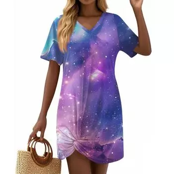 Женские модные повседневные свободные платья с коротким рукавом и V-образным вырезом XL