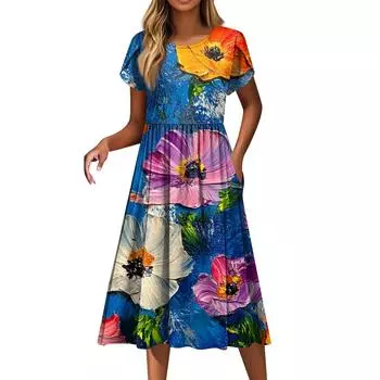 Женские модные повседневные свободные платья с круглым вырезом и карманами с коротким рукавом XXL