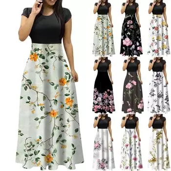 Женские модные повседневные свободные платья с круглым вырезом и коротким рукавом L чёрный