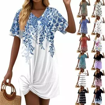 Женские модные повседневные свободные платья с коротким рукавом и V-образным вырезом L армия зеленый