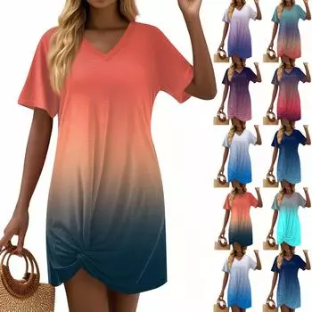 Женские модные повседневные свободные платья с коротким рукавом и V-образным вырезом L темно-синий