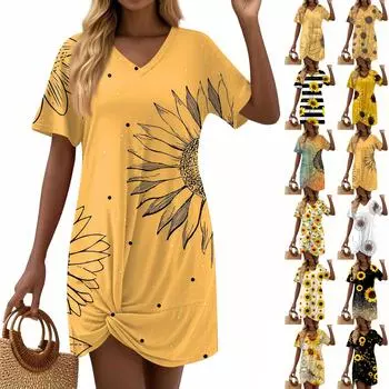 Женские модные повседневные свободные платья с коротким рукавом и V-образным вырезом L чёрный