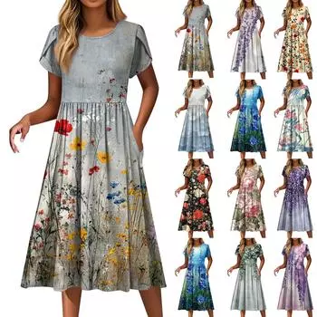 Женские модные повседневные свободные платья с круглым вырезом и карманами с коротким рукавом XL розовый