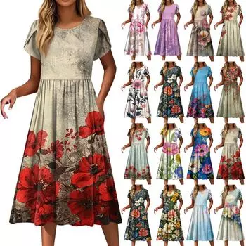 Женские модные повседневные свободные платья с круглым вырезом и карманами с коротким рукавом XXL бежевый