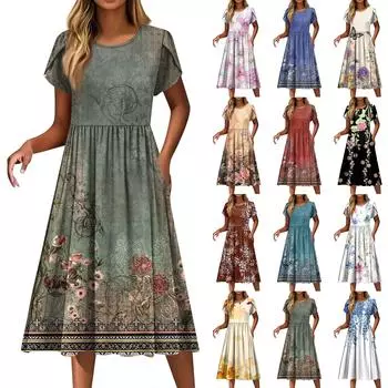 Женские модные повседневные свободные платья с круглым вырезом и карманами с коротким рукавом XL жёлтый