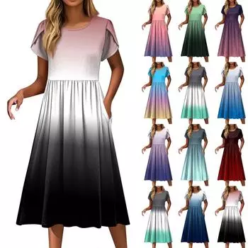 Женские модные повседневные свободные платья с круглым вырезом и карманами с коротким рукавом L