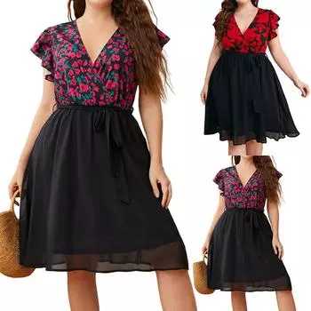 Женские модные повседневные свободные платья с V-образным вырезом большого размера XL красный