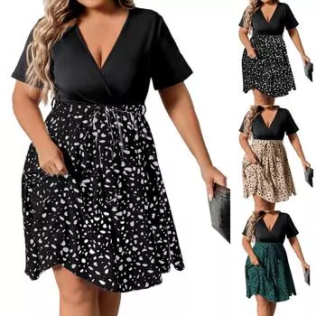 Женские модные повседневные свободные платья с коротким рукавом и V-образным вырезом, большие размеры, плиссированные платья XXXL чёрный