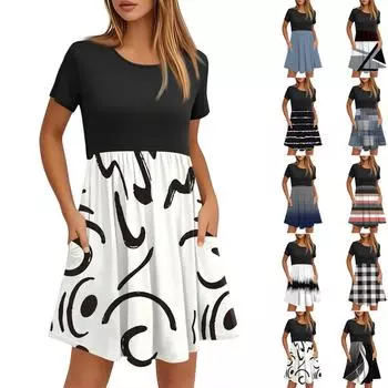 Женские модные повседневные свободные платья с круглым вырезом и коротким рукавом с принтом и карманами L бежевый