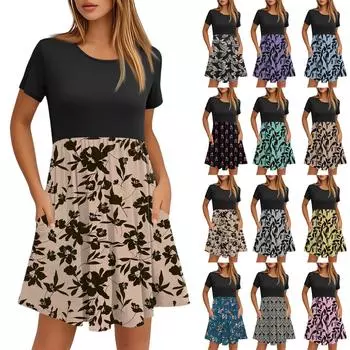 Женские модные повседневные свободные платья с круглым вырезом и коротким рукавом с принтом и карманами L бежевый