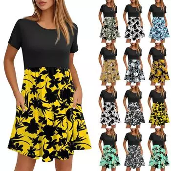 Женские модные повседневные свободные платья с круглым вырезом и коротким рукавом с принтом и карманами L армия зеленый