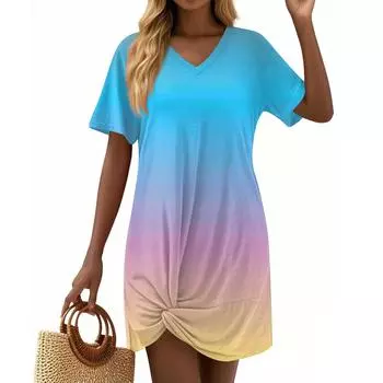 Женские модные повседневные свободные платья с коротким рукавом и V-образным вырезом S зелёный