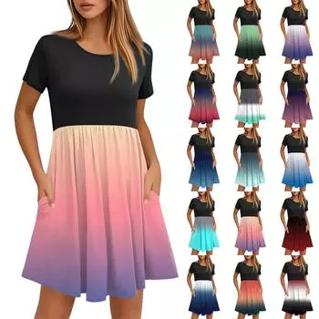 Женские модные повседневные свободные платья с круглым вырезом и коротким рукавом с принтом и карманами M зелёный