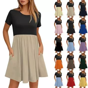 Женские модные повседневные свободные платья с круглым вырезом и коротким рукавом с цветными блоками и карманами S синий