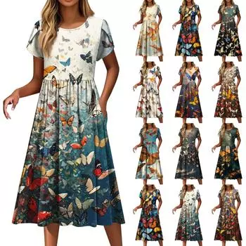 Женские модные повседневные свободные платья с круглым вырезом и карманами с коротким рукавом XXXL оранжевый