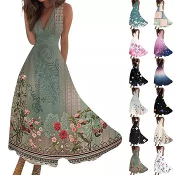 Женские модные повседневные свободные платья с V-образным вырезом без рукавов с принтом L армия зеленый