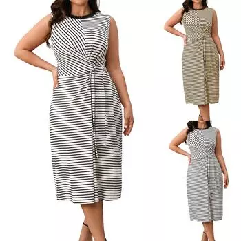 Женские модные повседневные свободные полосатые платья без рукавов с круглым вырезом большого размера XXXXL жёлтый