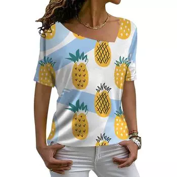 Женские модные повседневные свободные пуловеры, футболки, летние женские топы с 3d ананасовым принтом и v-образным вырезом с короткими рукавами и диагональным воротником 3XL