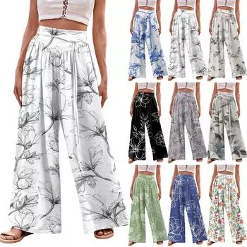 Женские модные повседневные свободные широкие брюки с цветочным принтом и завязками на бретелях с карманами L чёрный