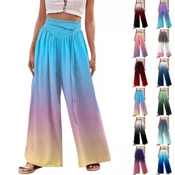 Женские модные повседневные свободные широкие брюки с принтом на завязках и карманами XL синий