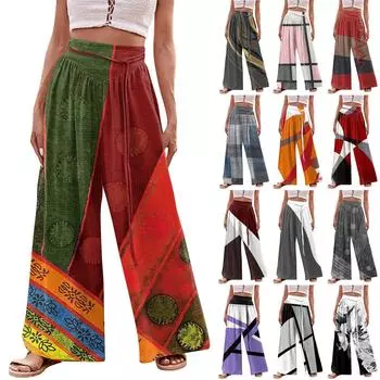 Женские модные повседневные свободные широкие брюки с принтом на завязках и карманами L чёрный