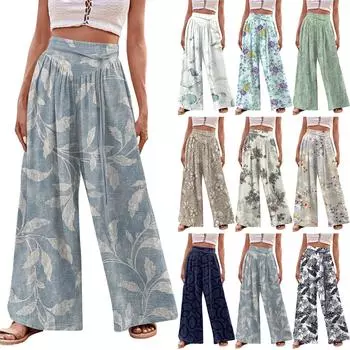 Женские модные повседневные свободные широкие брюки с цветочным принтом и завязками на бретелях с карманами L чёрный