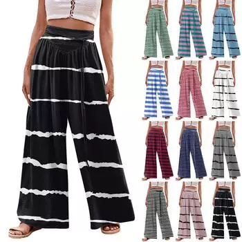 Женские модные повседневные свободные широкие брюки с принтом на завязках и карманами M