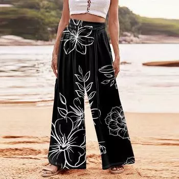 Женские модные повседневные свободные широкие брюки с цветочным принтом и завязками на бретелях с карманами L чёрный