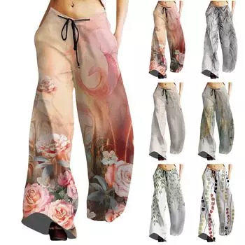 Женские модные повседневные свободные спортивные штаны с широкими штанинами и принтом в стиле ретро с карманами S серый